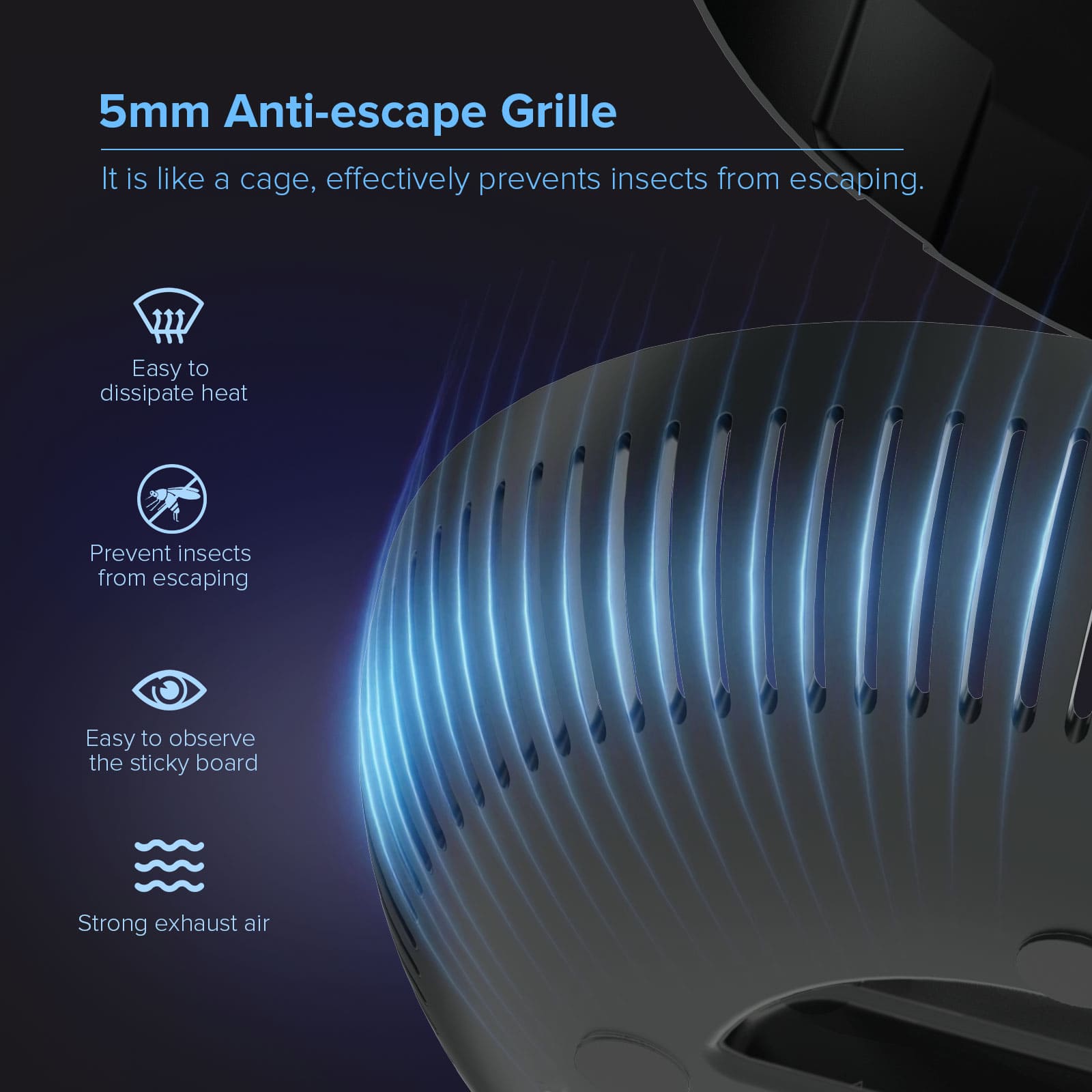 5mm Anti-escape Grille.It is like a cage, effectively prevents insects from escaping.