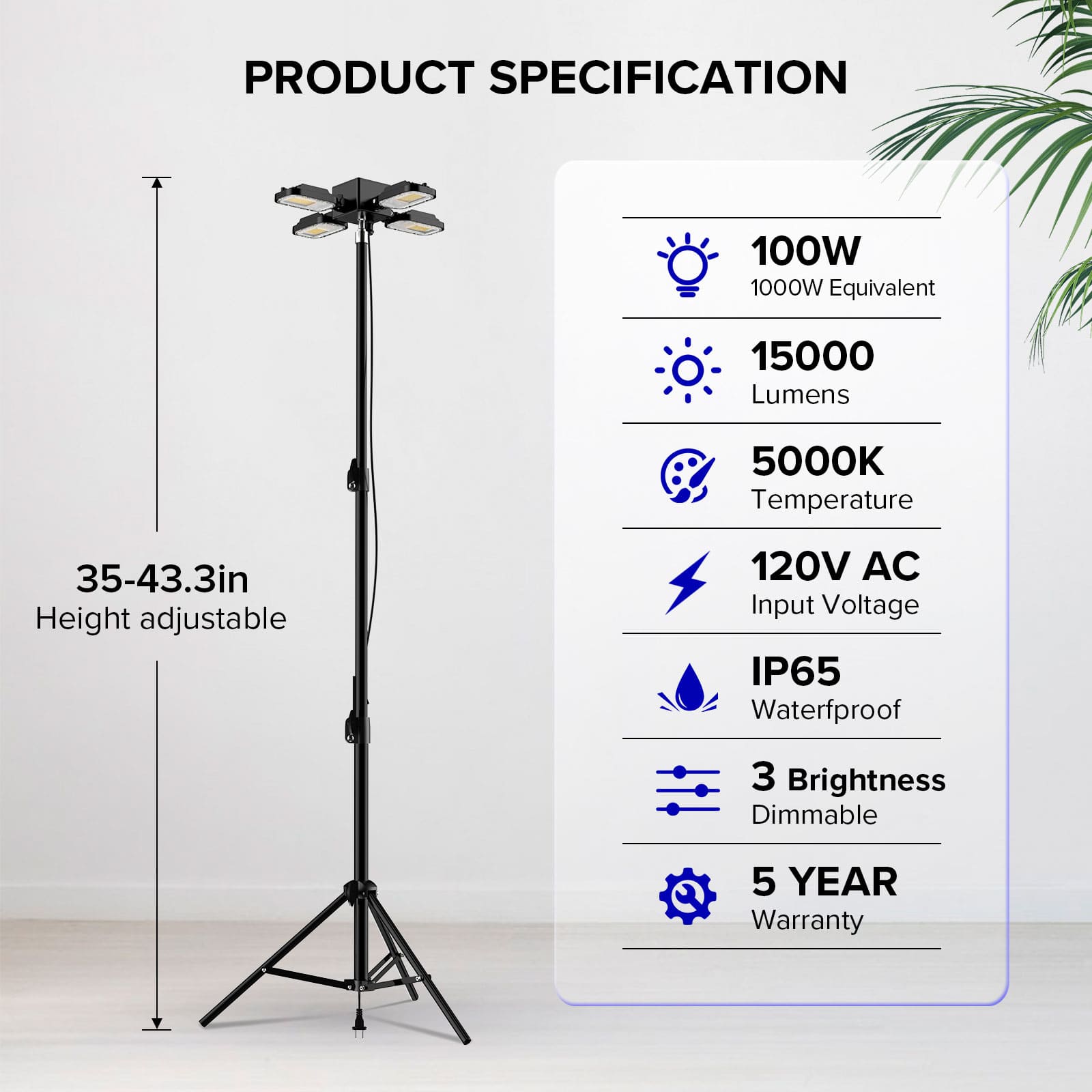 100W Adjustable 4-Head Work Light with Stand, 35-43.3in height adjuatable.