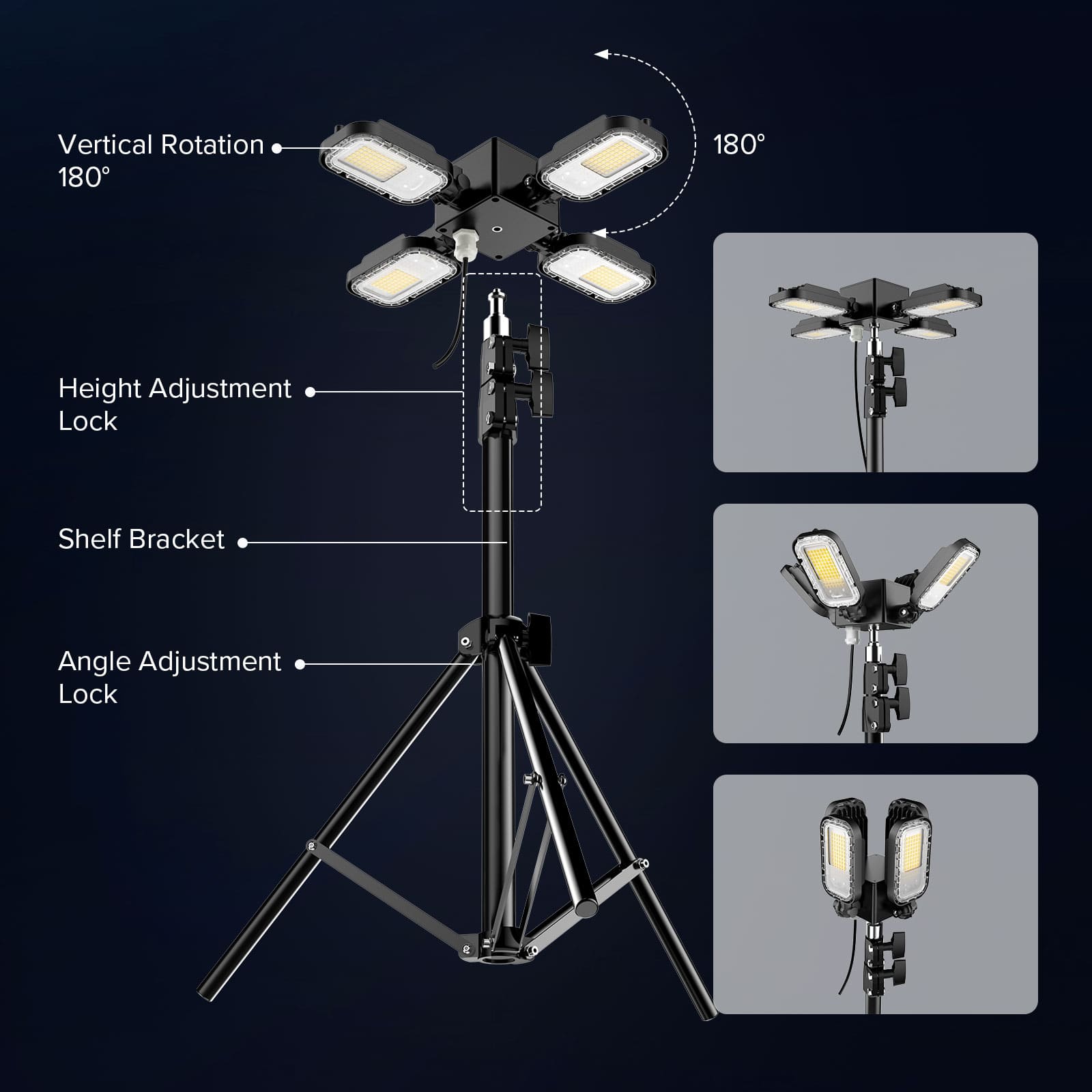 100W Adjustable 4-Head Work Light with Stand with vertical rotation 180°.