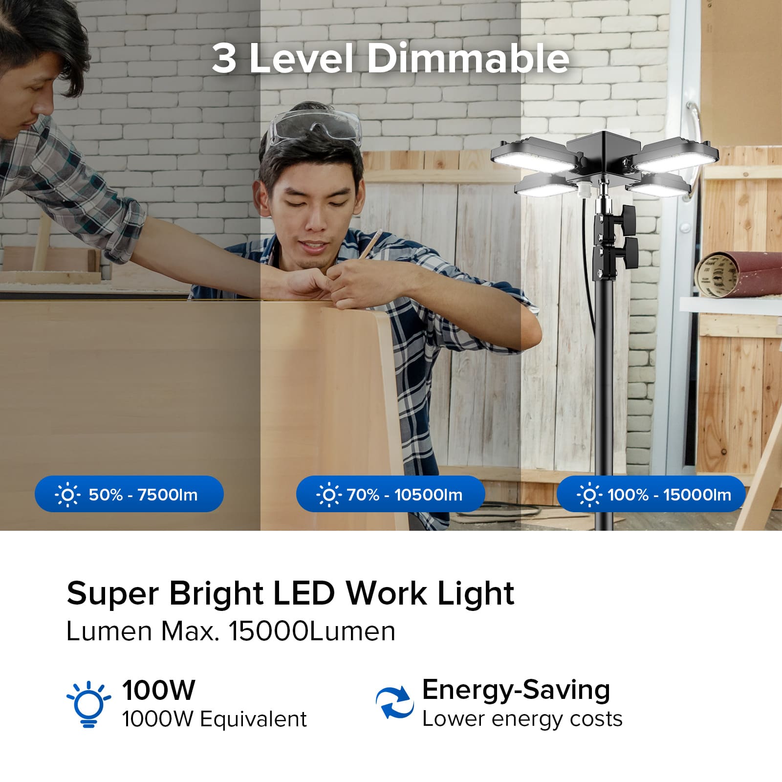 100W Adjustable 4-Head Work Light with Stand, 3 level dimmable, 7500lm, 10500lm, 15000lm.