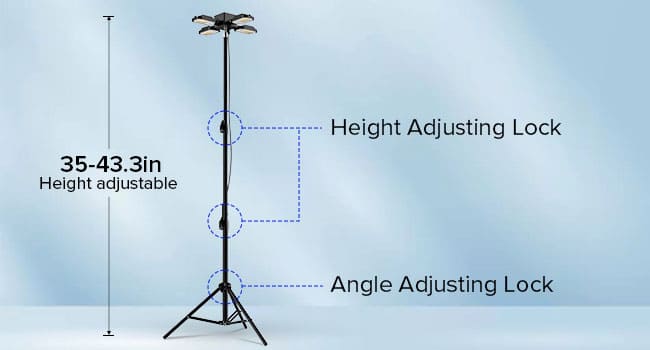 The LED work light with stand has a height adjustment range of 35 to 43.3 inches, which precise lighting to your desired height.