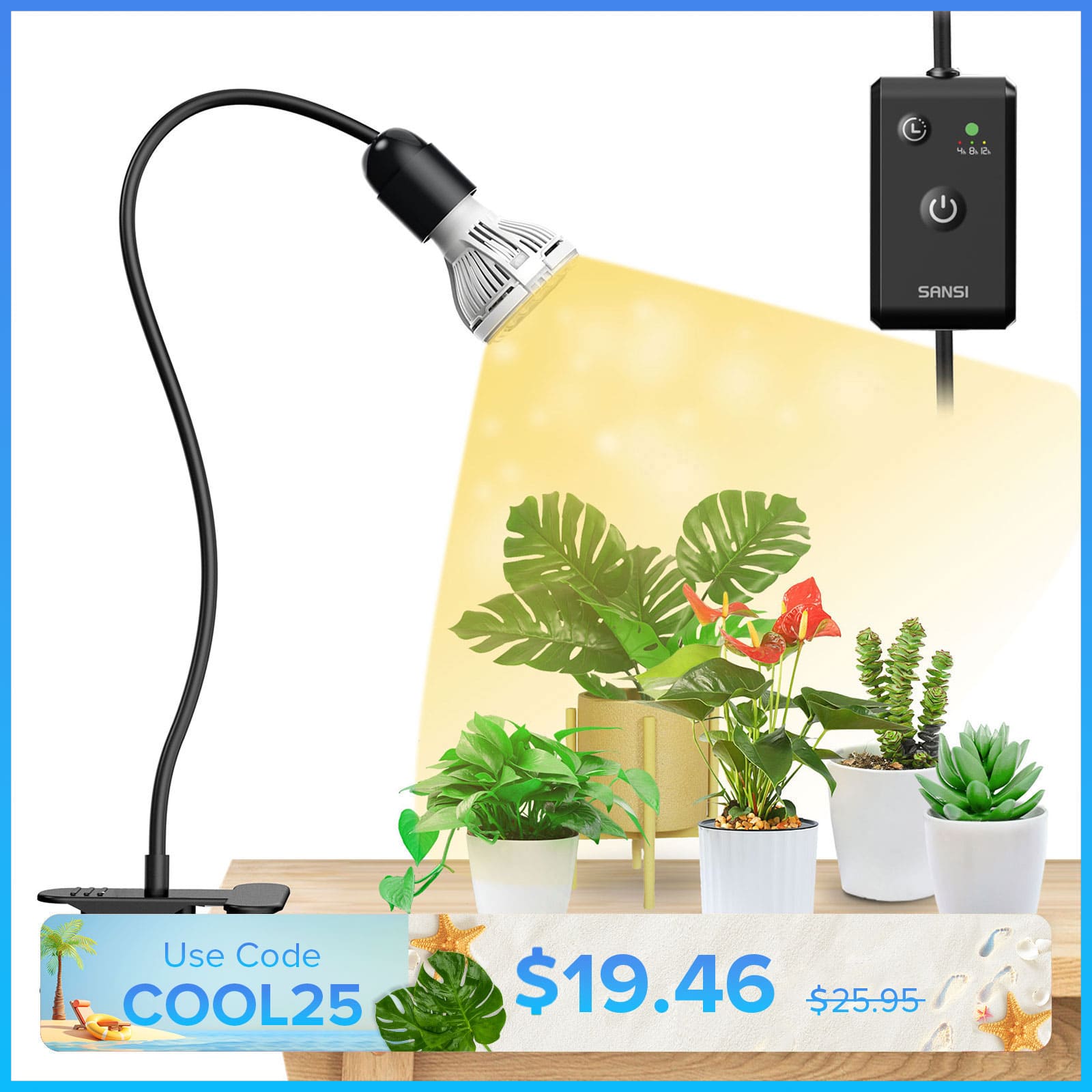 10W Adjustable 1-Head Clip-on LED Grow Light with Timer (US/CA ONLY)