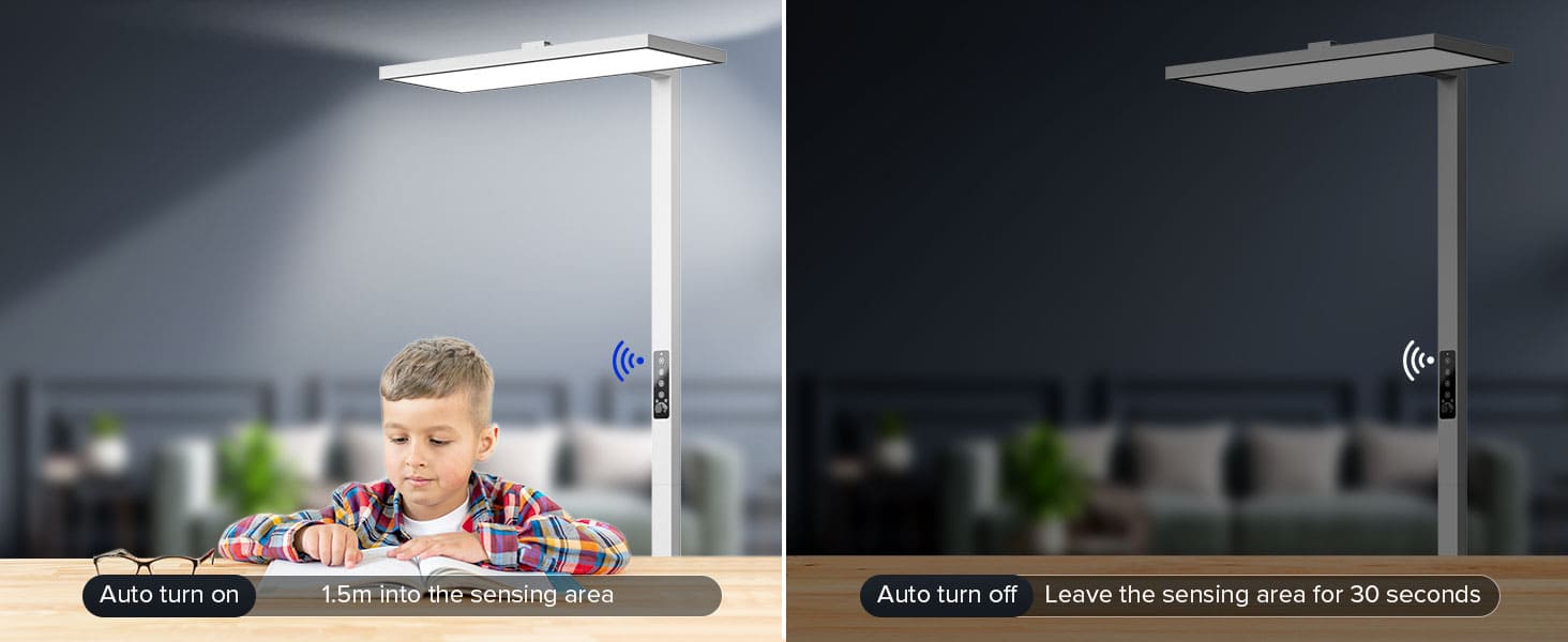 130W LED Floor Lamp with high-precision radar sensing technology, Auto turn on 1.5m into the sensing area and Auto turn off when leave the sensing area for 30 seconds.