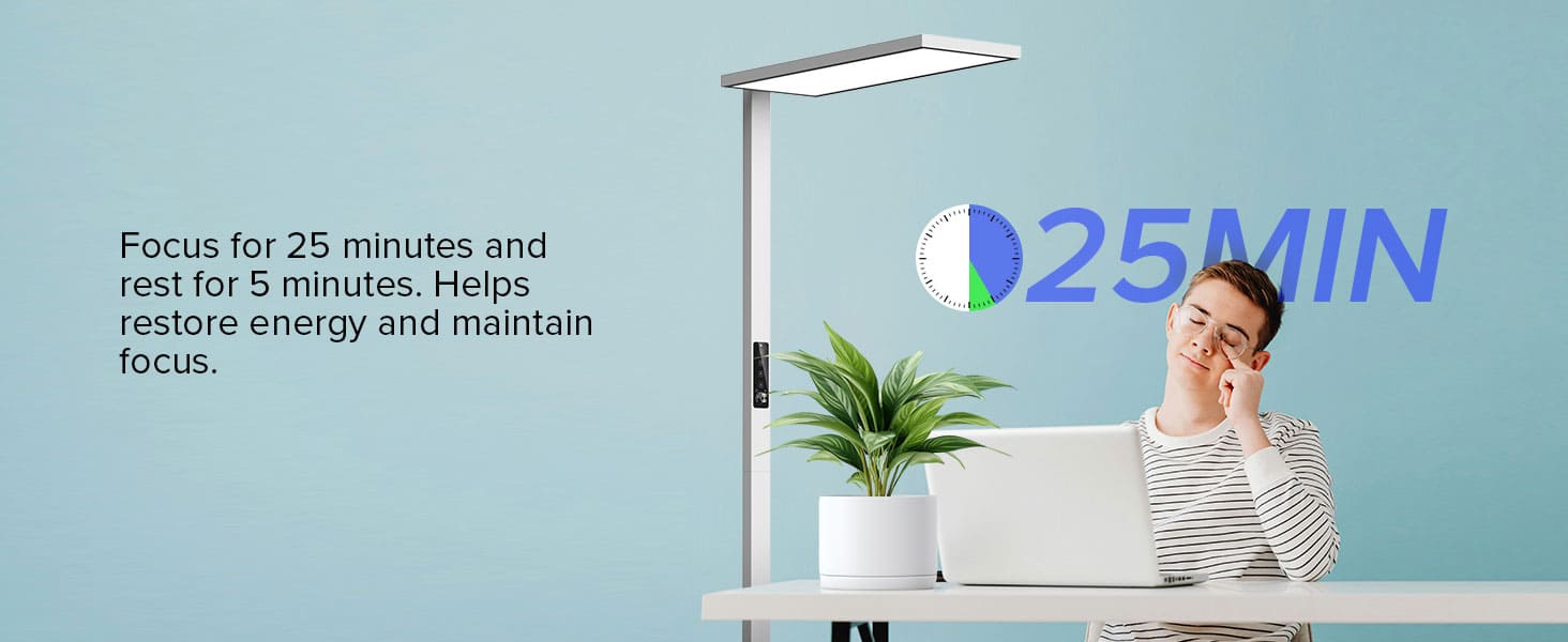 130W LED Floor Lamp with the Pomodoro working mode, focus for 25 minutes and rest for 5 minutes. Helps restore energy and maintain focus.