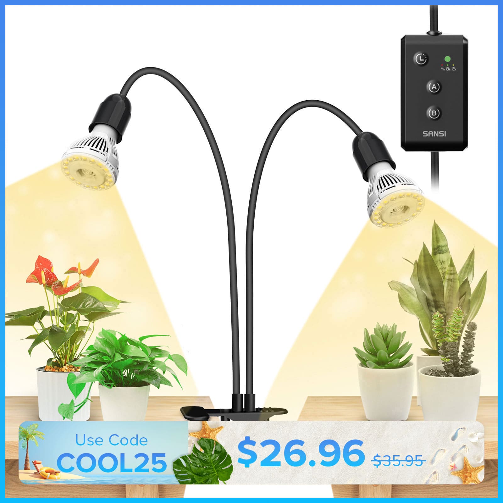 20W Adjustable 2-Head Clip-on LED Grow Light With Timer.