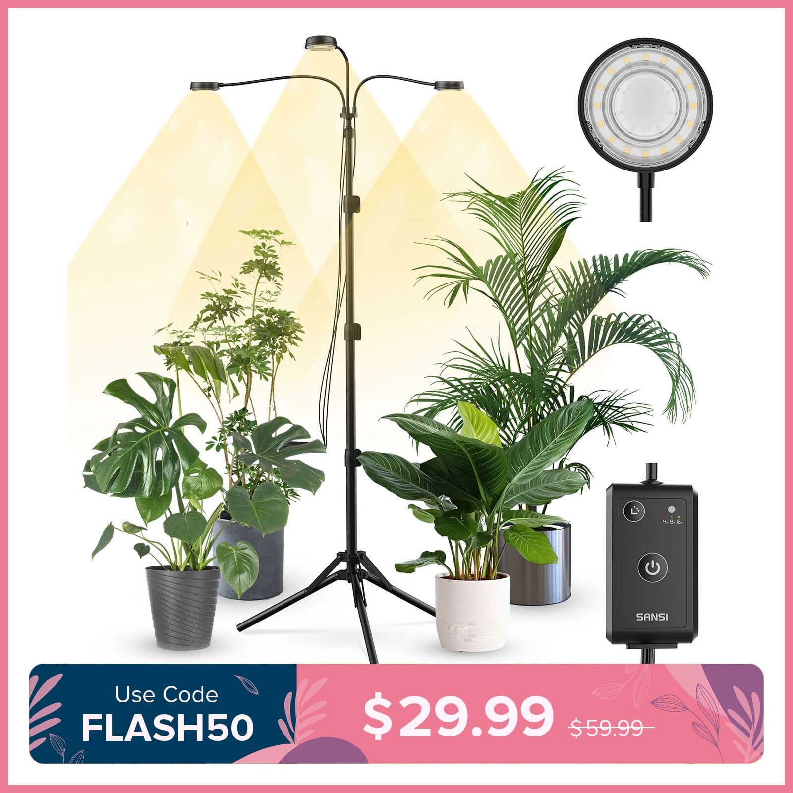 30W 3-Head Adjustable Tripod Stand Grow Light with Remote Control (US ONLY)