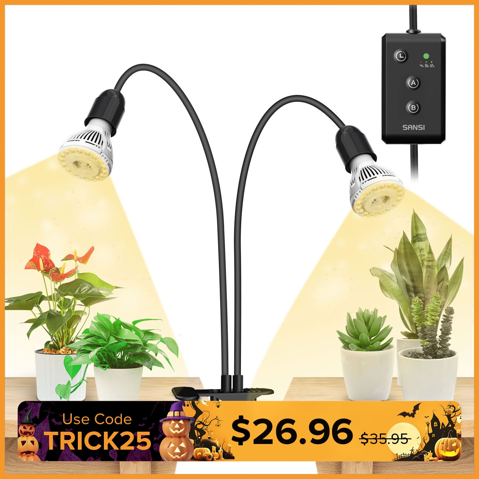 20W Adjustable 2-Head Clip-on LED Grow Light With Timer/No Timer