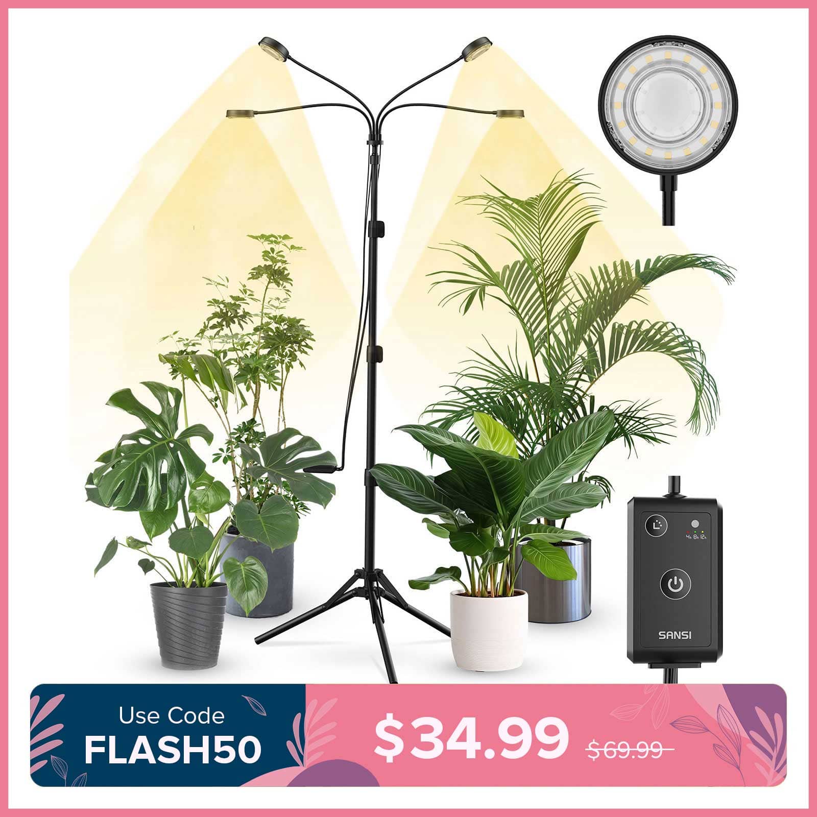 40W 4-Head Adjustable Tripod Stand Grow Light with Remote Control (US ONLY)