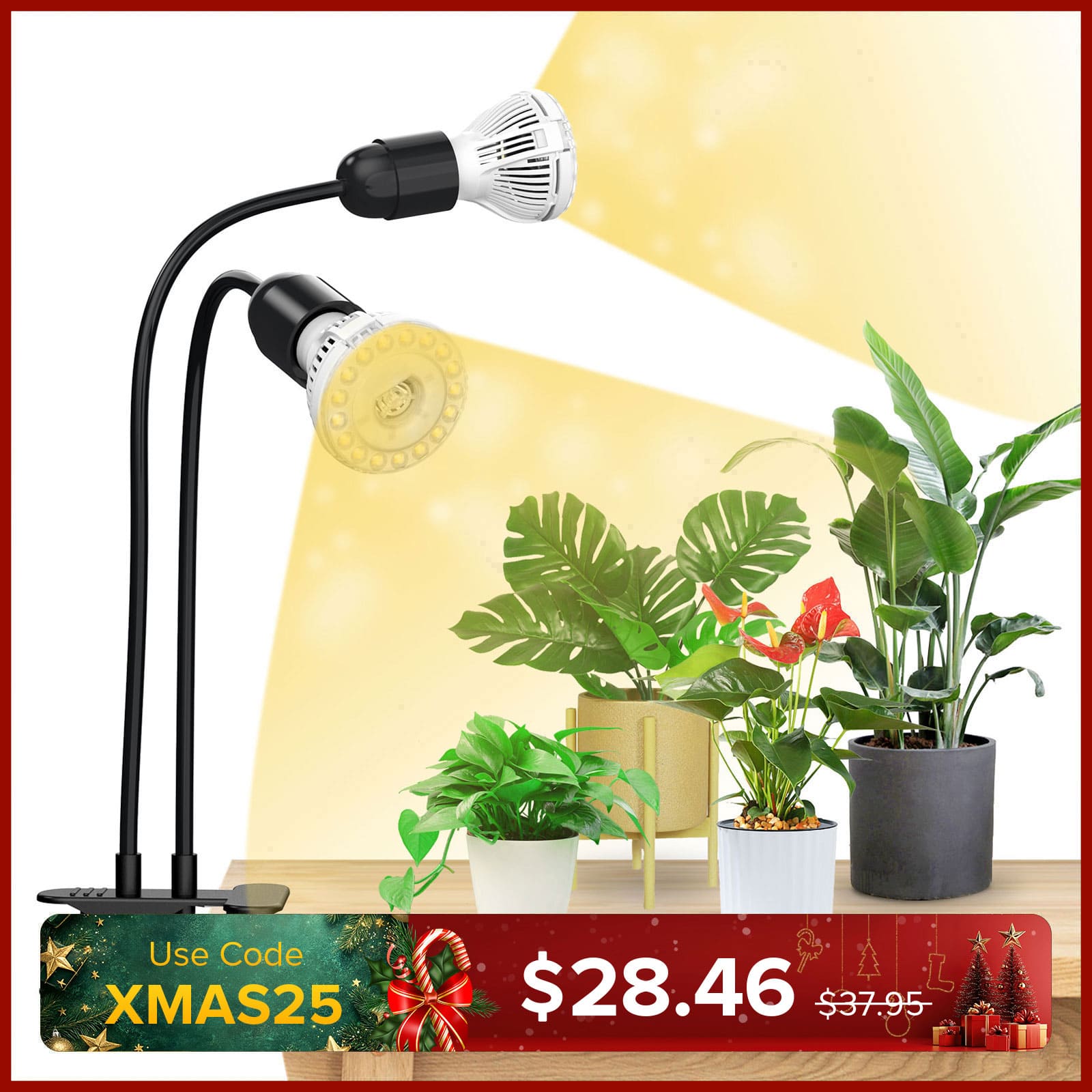 20W Adjustable 2-Head Clip-on LED Grow Light With Timer/No Timer