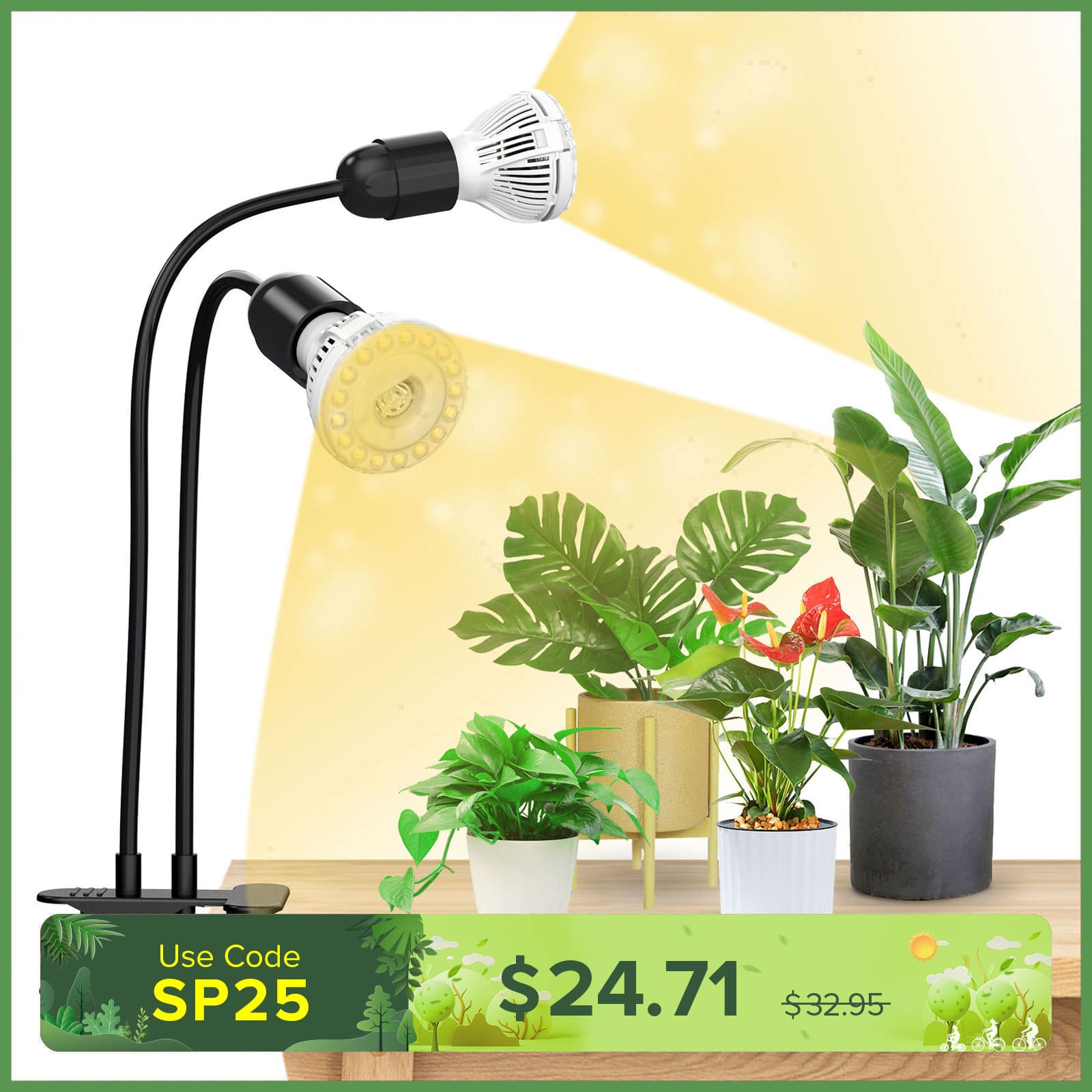 20W Adjustable 2-Head Clip-on LED Grow Light With Timer/No Timer