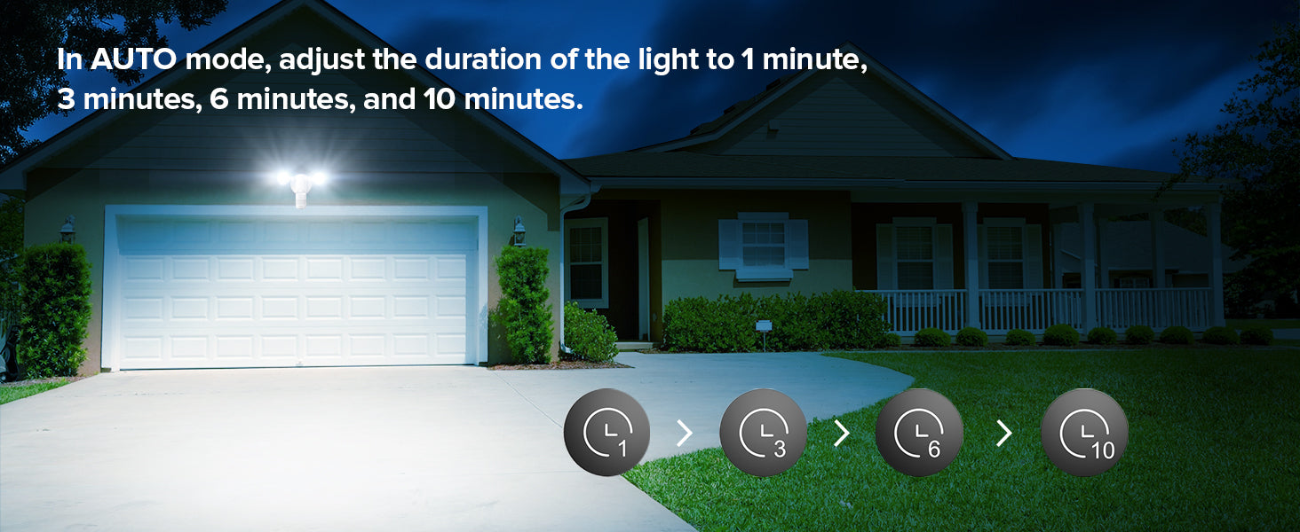 SANSI 25W security light with remote in auto mode adjust the duration of the light to 1 min, 3 mins,6 mins and 10 mins