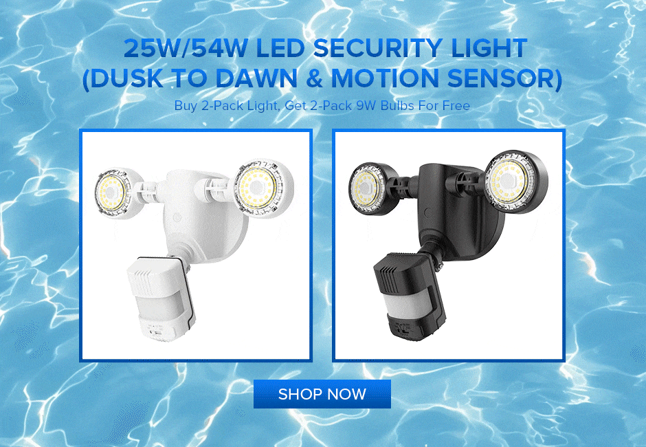 25W/54W LED SECURITY LIGHT(DUSK TO DAWN & MOTION SENSOR): Buy 2-Pack Light, Get 2 -Pack 9W Bulbs For Free.