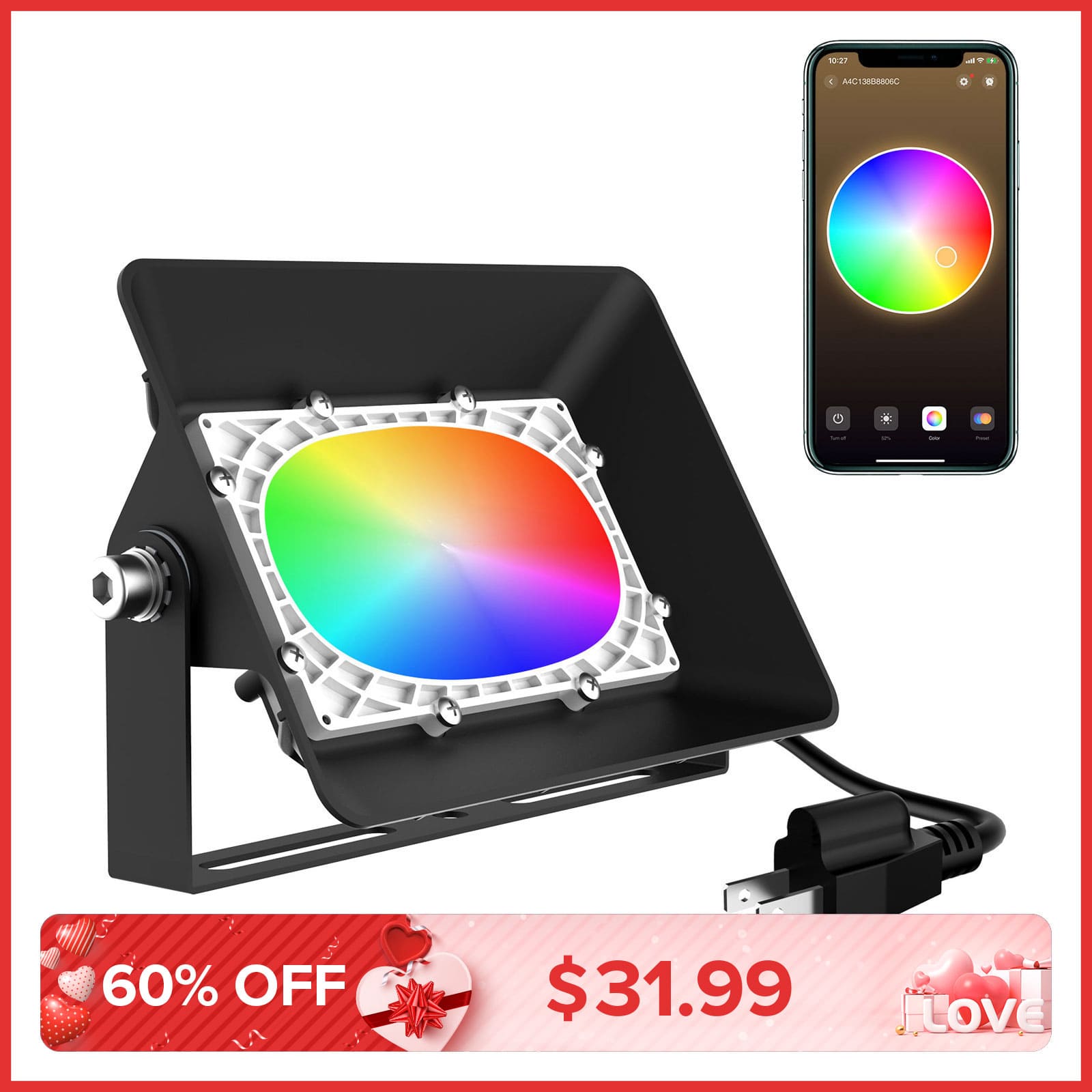 50W Smart RGB LED Flood Light (Bluetooth Controlled) (US ONLY)