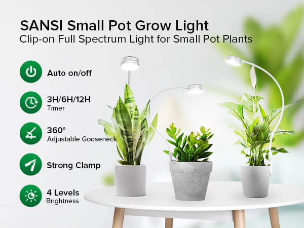 SANSI LED Grow Lights for Indoor Plants, 600W Full Spectrum Clip-on  Gooseneck Grow Light with Ceramic Tech.,40W Power Plant Light with Optical  Lens for High PPFD, Lifetime Free Bulbs Replacement White 