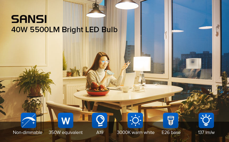 40W 5500LM Bright LDE Bulb, non-dimmable, 350W equivalent, 3000K warm light, E26 base, 137lm/W